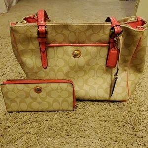Coral & Tan Coach Purse & Wallet
